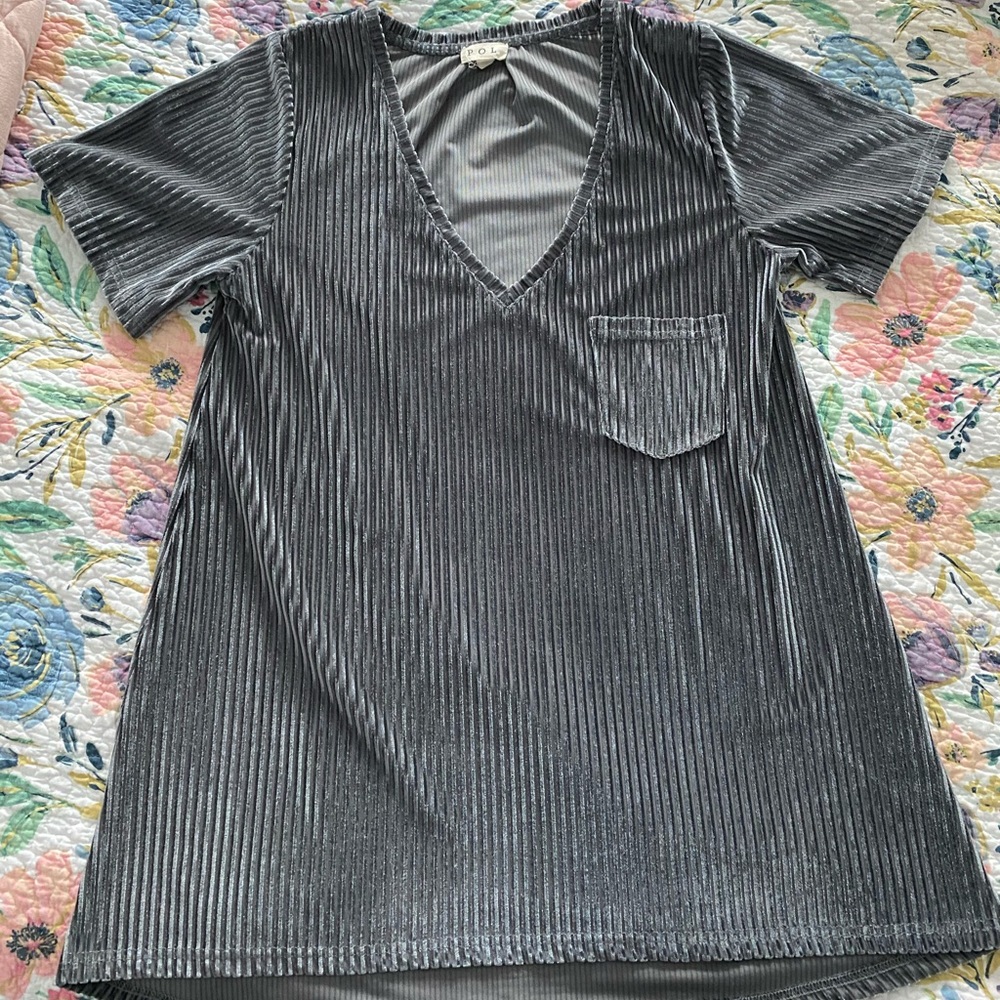 POL Grey Ribbed Velvet Top